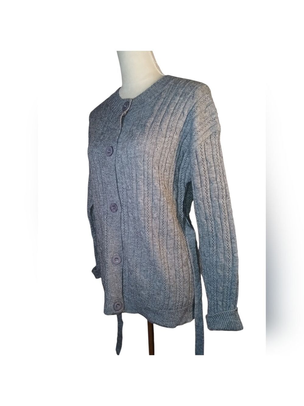 NWOT Cashmere Grey Cable Knit Belted Cardigan Sixe L/XL